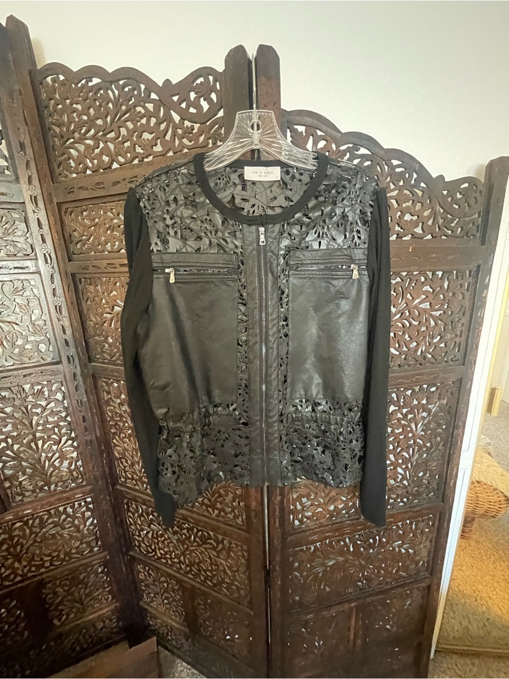 Lola & Sophie Black Laser-Cut Leather & Knit Jacket